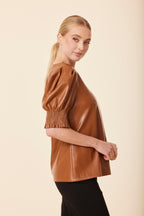 Faux Leather Crew Neck Elastic Cuff Top