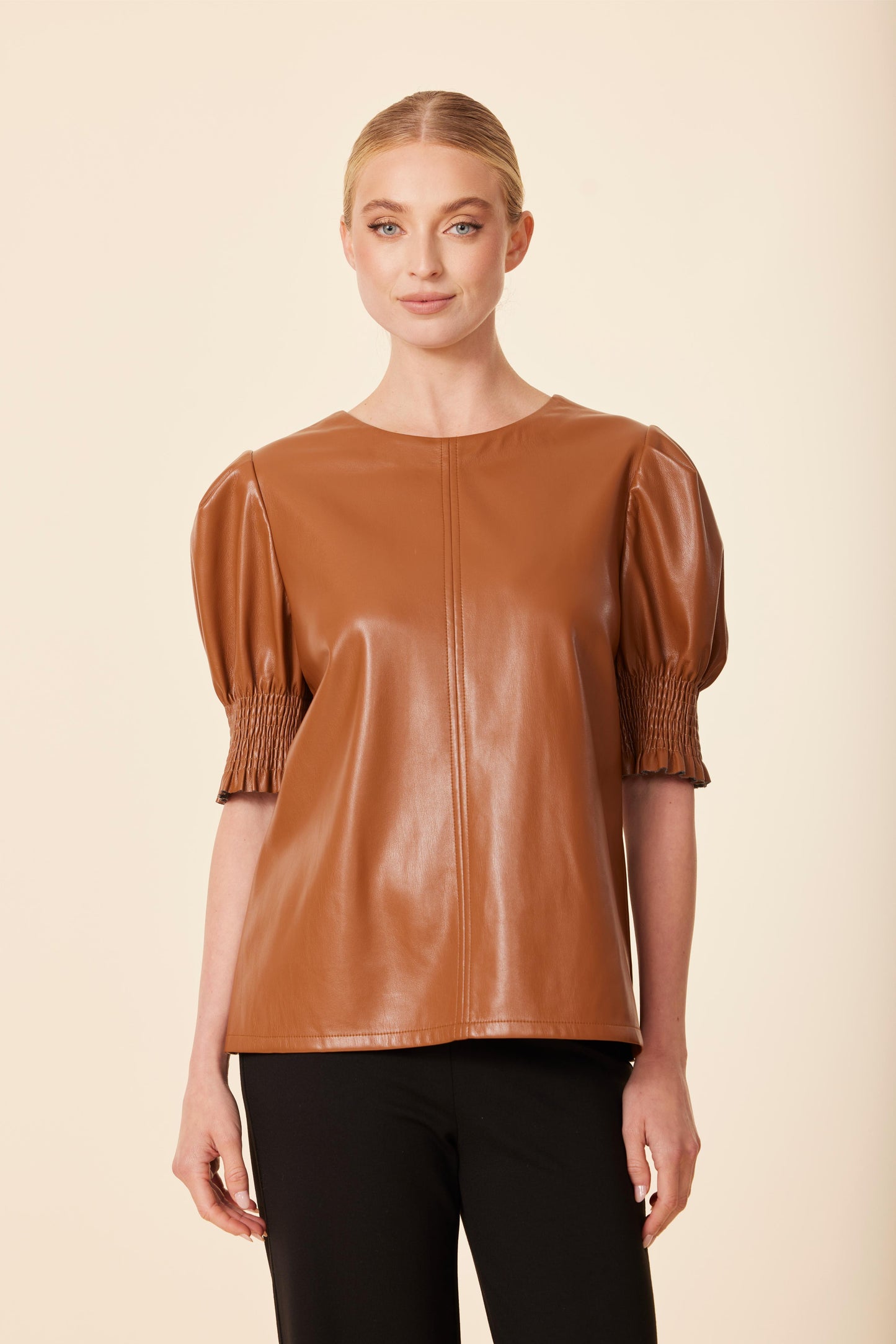 Faux Leather Crew Neck Elastic Cuff Top