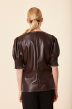 Faux Leather Crew Neck Elastic Cuff Top