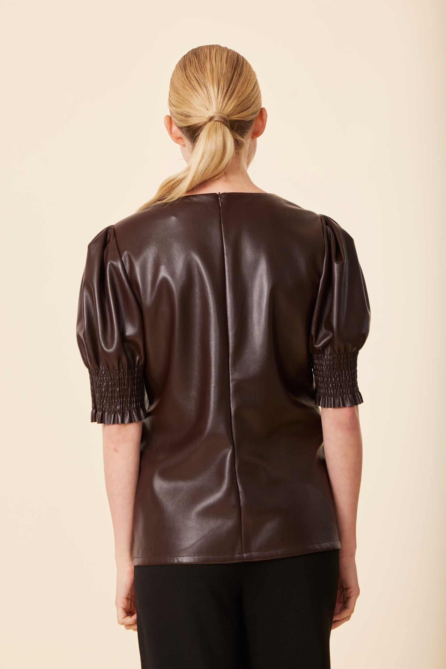 Faux Leather Crew Neck Elastic Cuff Top