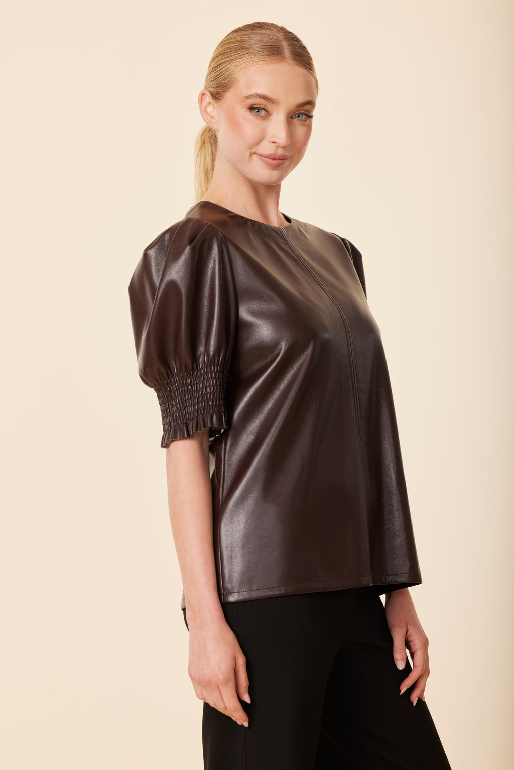 Faux Leather Crew Neck Elastic Cuff Top