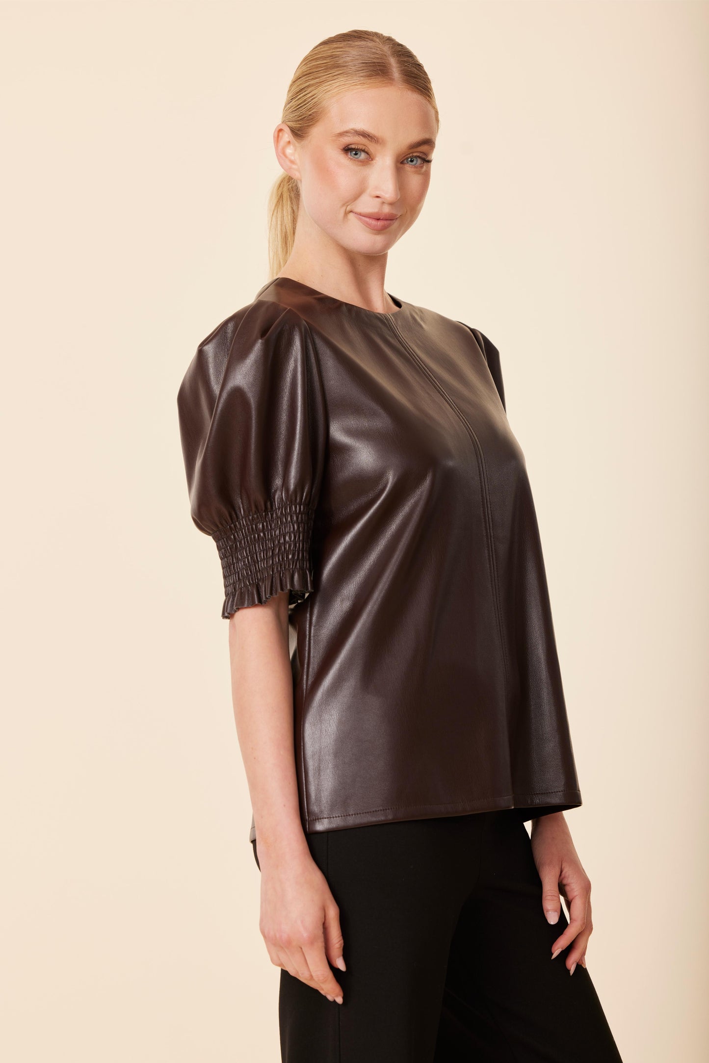 Faux Leather Crew Neck Elastic Cuff Top
