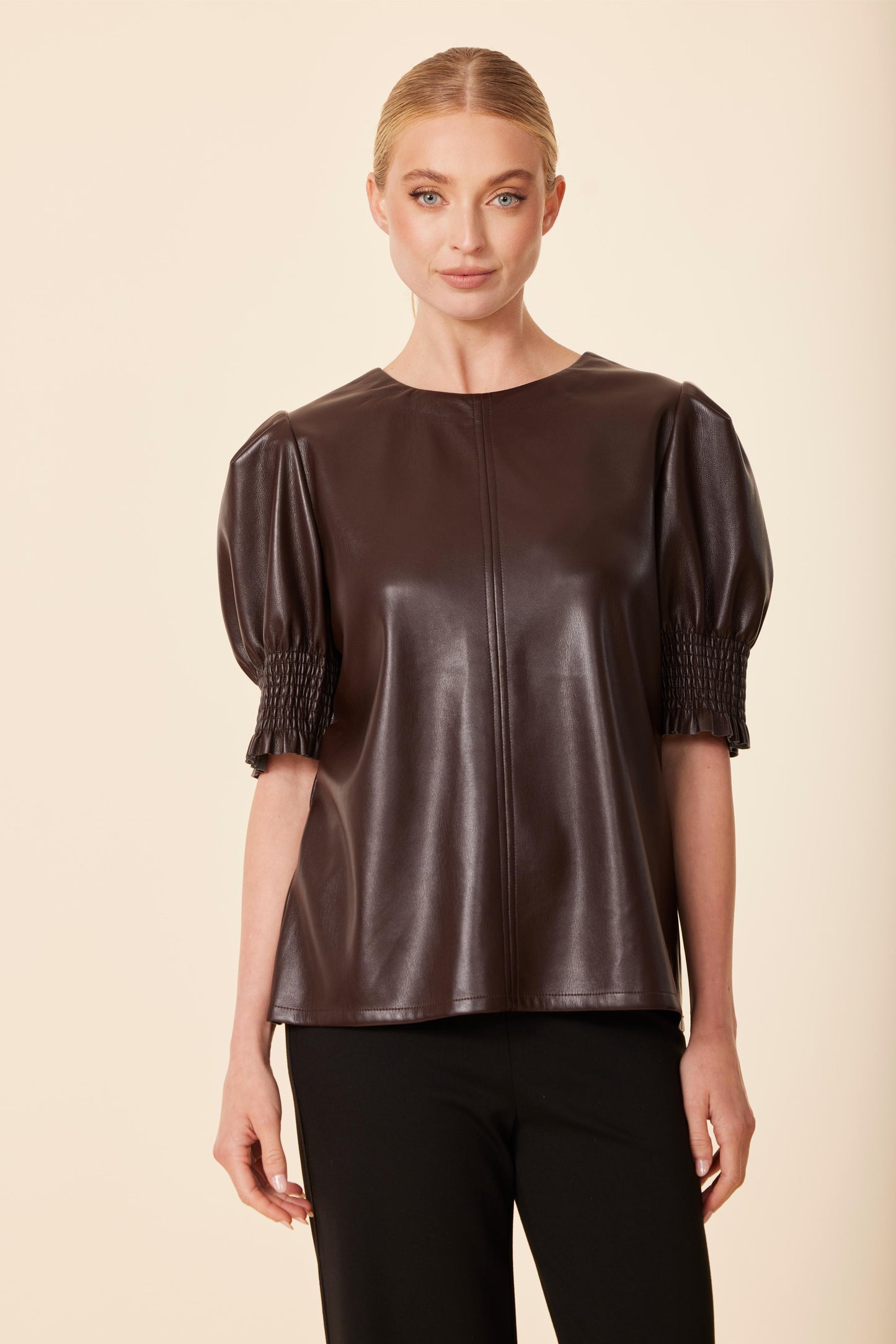 Faux Leather Crew Neck Elastic Cuff Top