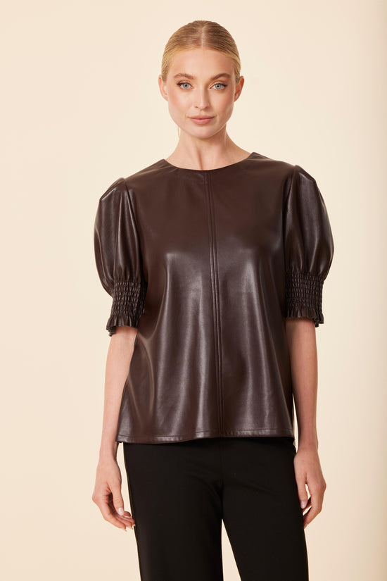 Faux Leather Crew Neck Elastic Cuff Top