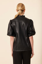 Faux Leather Ruffle Neck Top