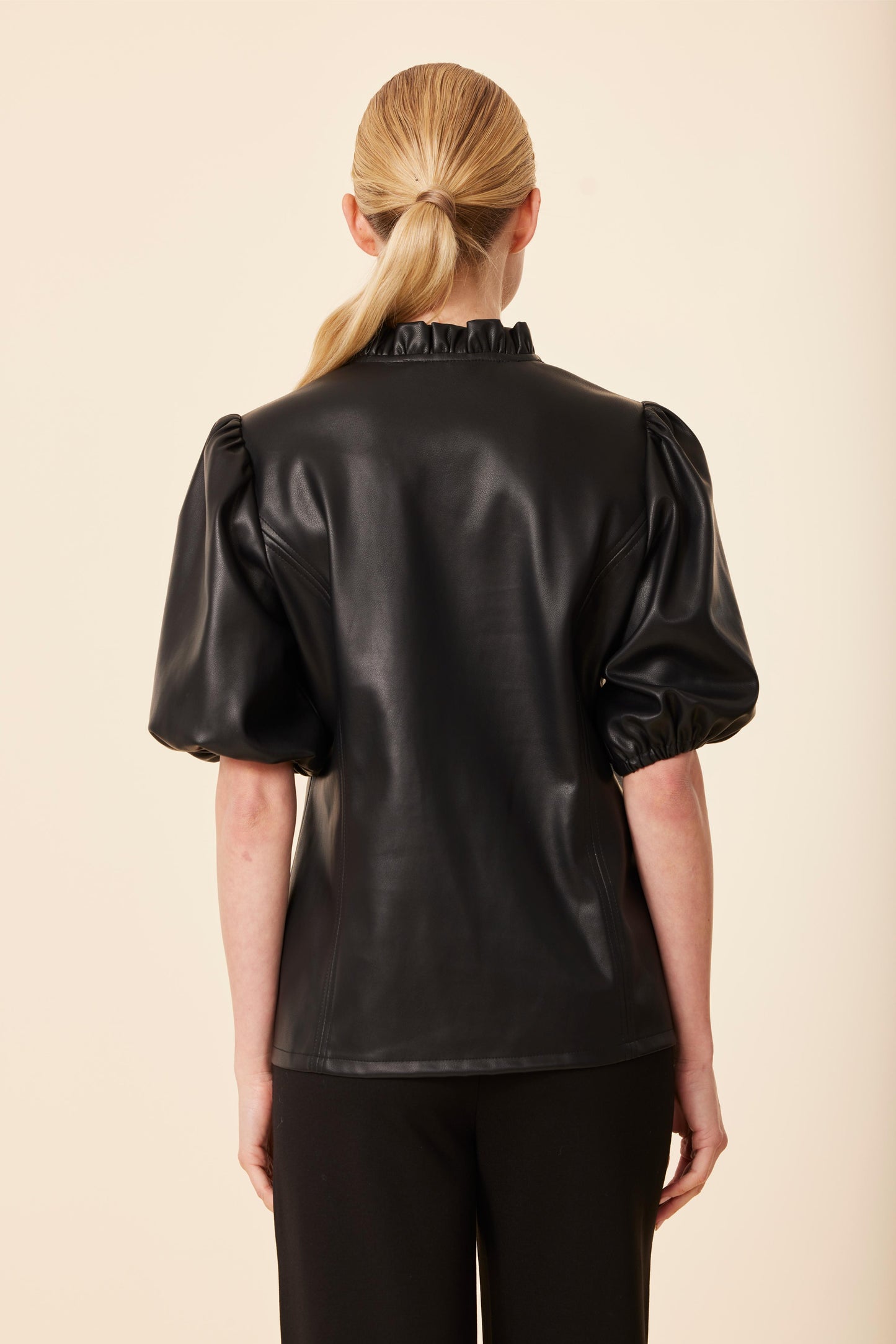 Faux Leather Ruffle Neck Top