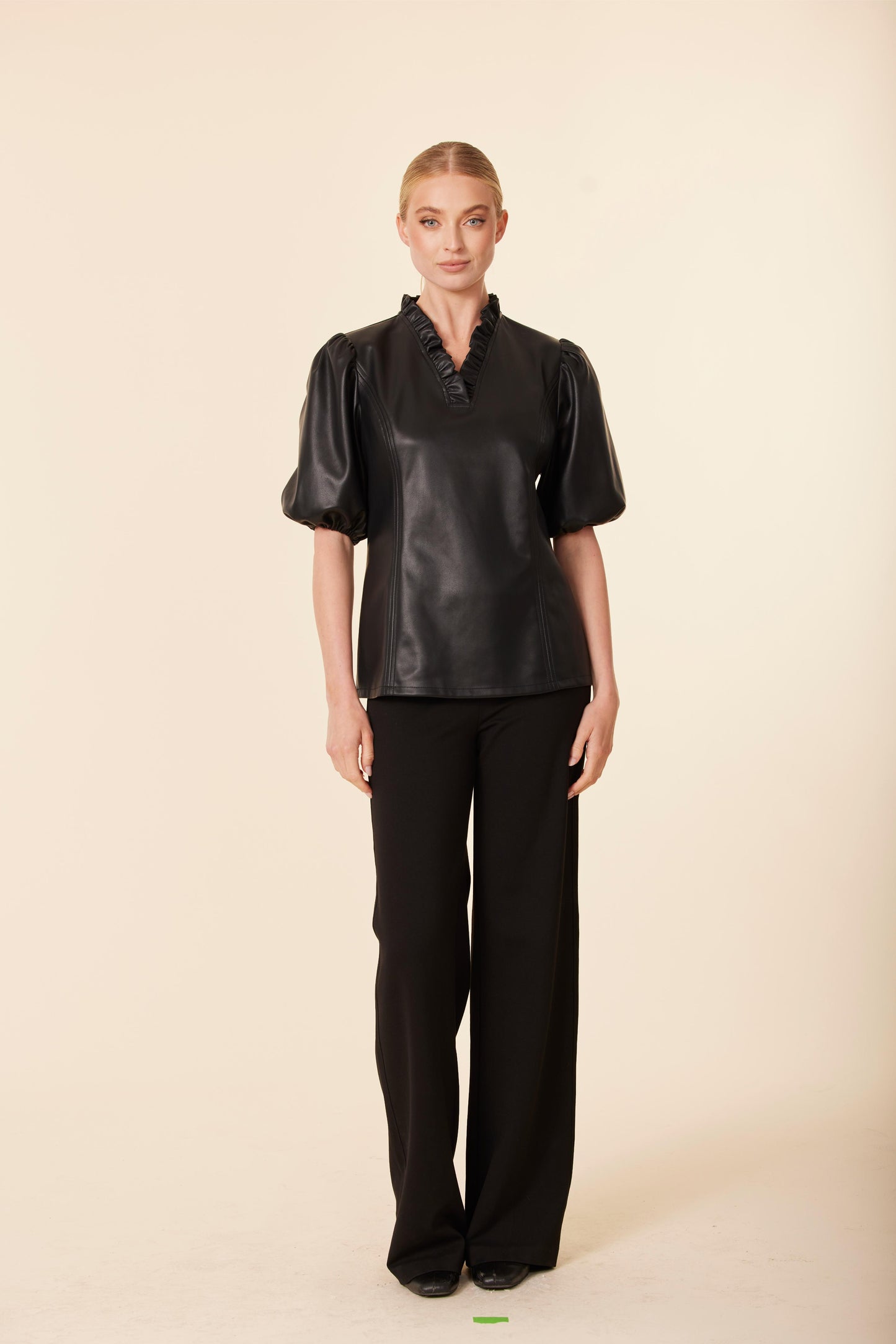 Faux Leather Ruffle Neck Top