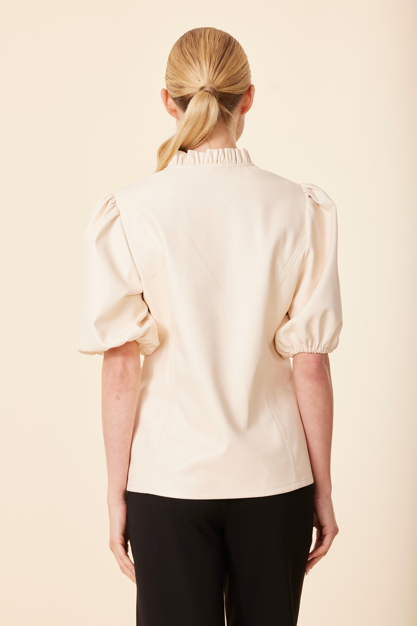 Faux Leather Ruffle Neck Top