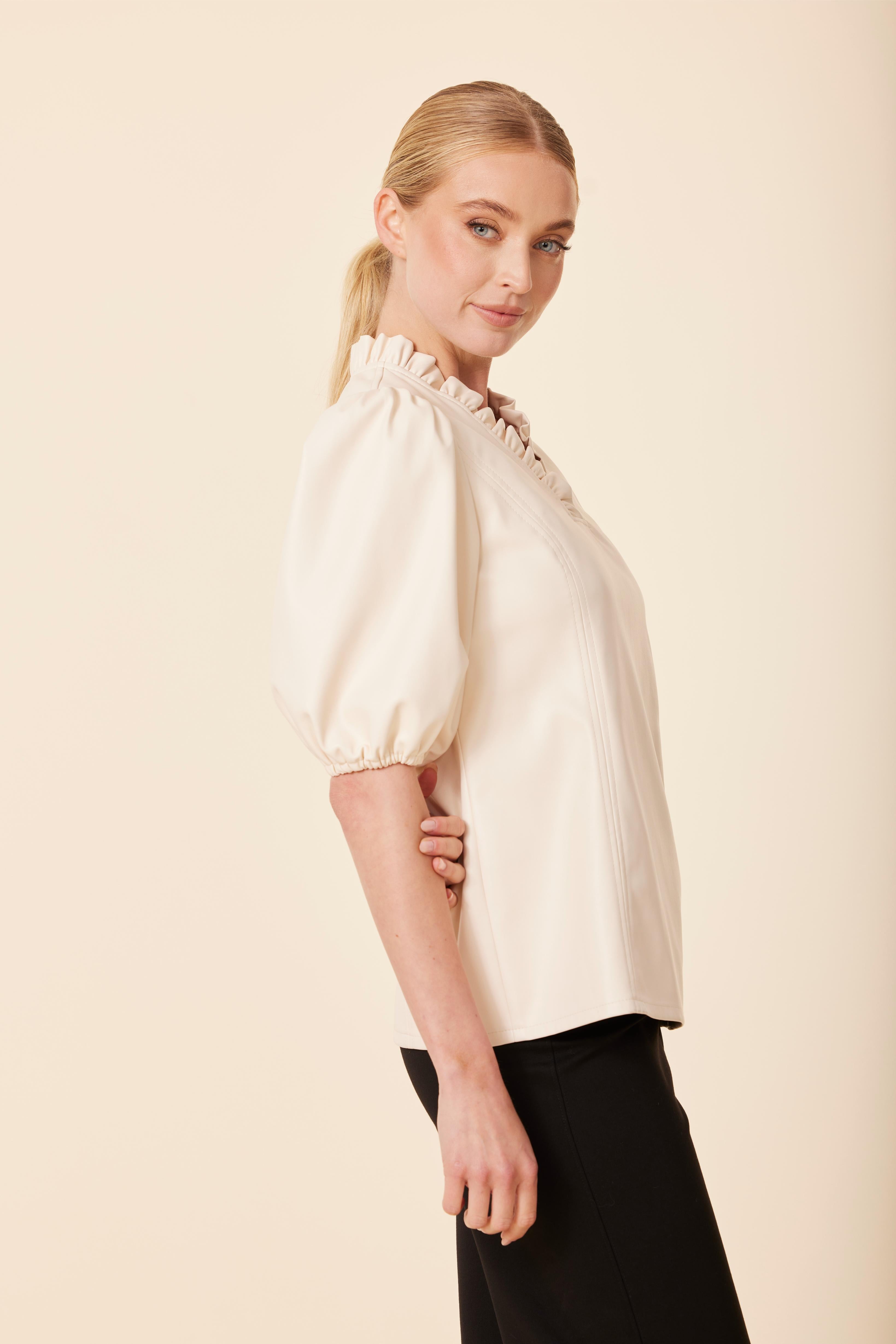 Faux Leather Ruffle Neck Top