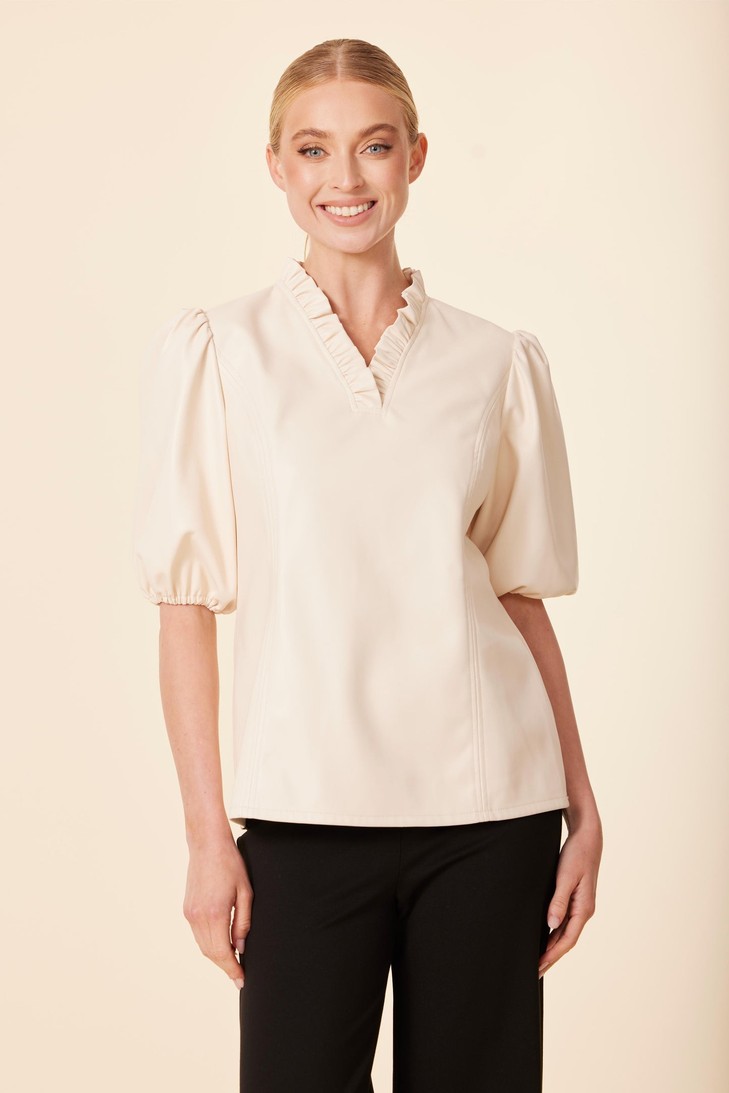 Faux Leather Ruffle Neck Top
