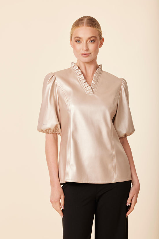 Faux Leather Ruffle Neck Top