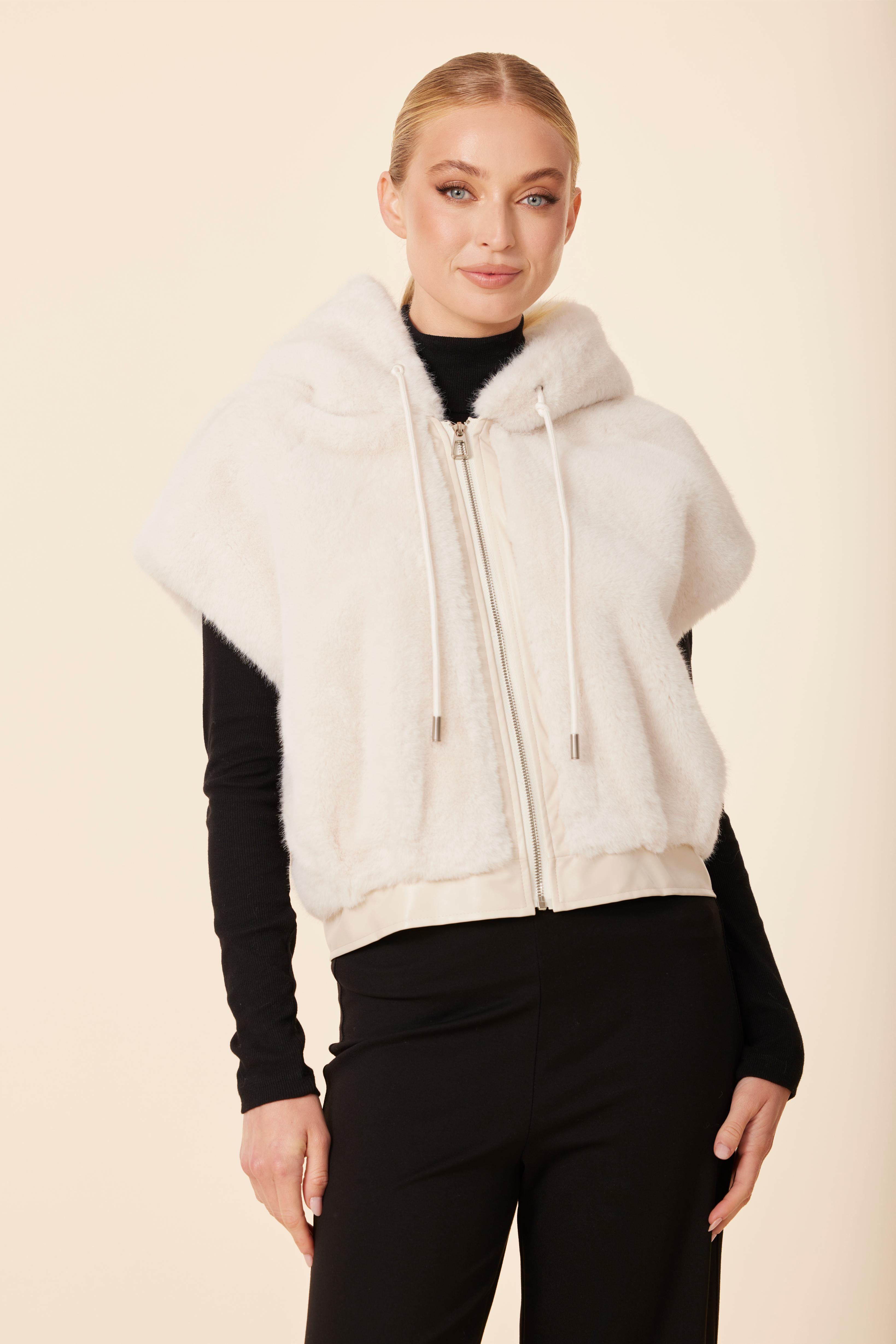 Faux Fur Vegan Leather Trim Hoody Vest Faux