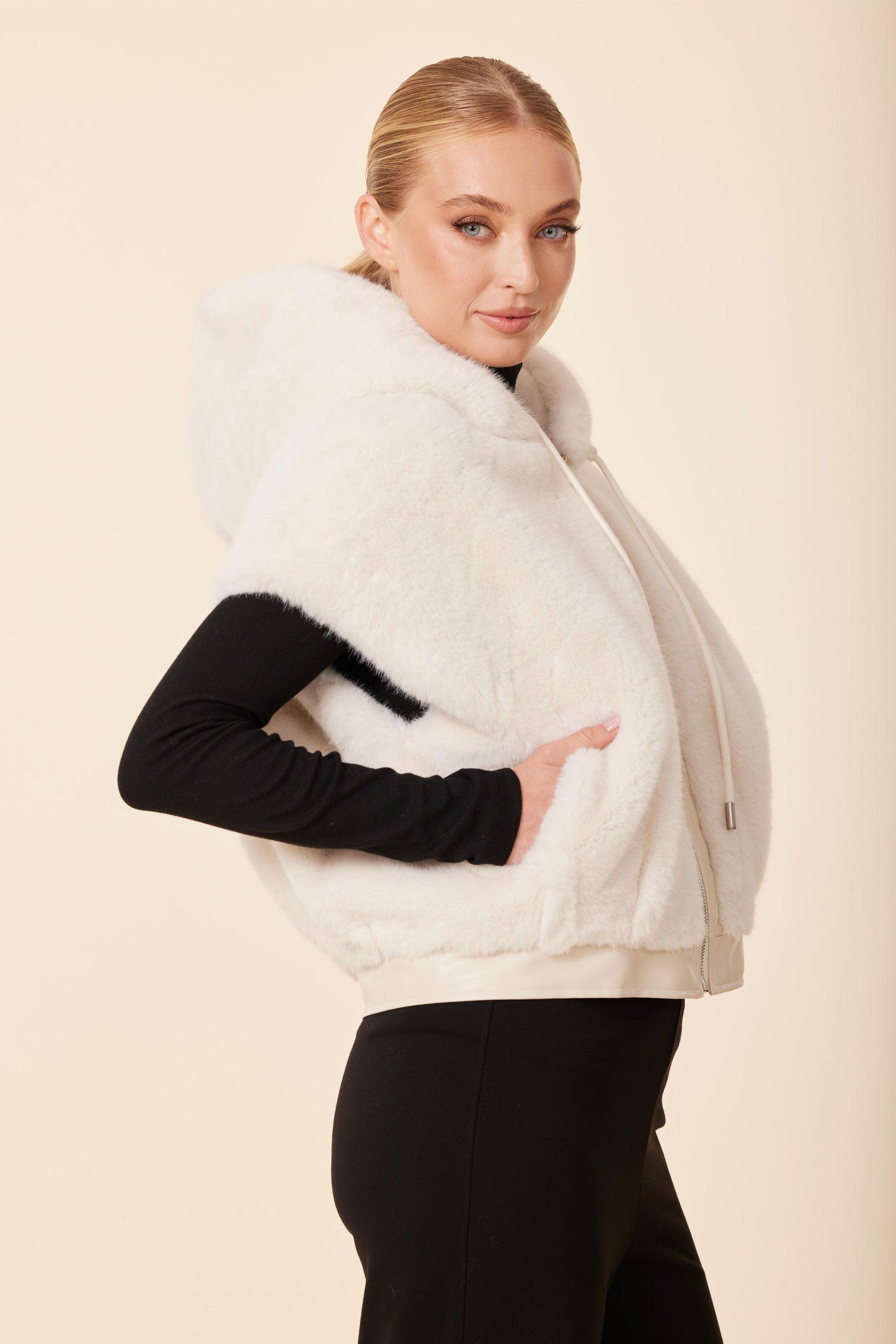 Faux Fur Vegan Leather Trim Hoody Vest Faux
