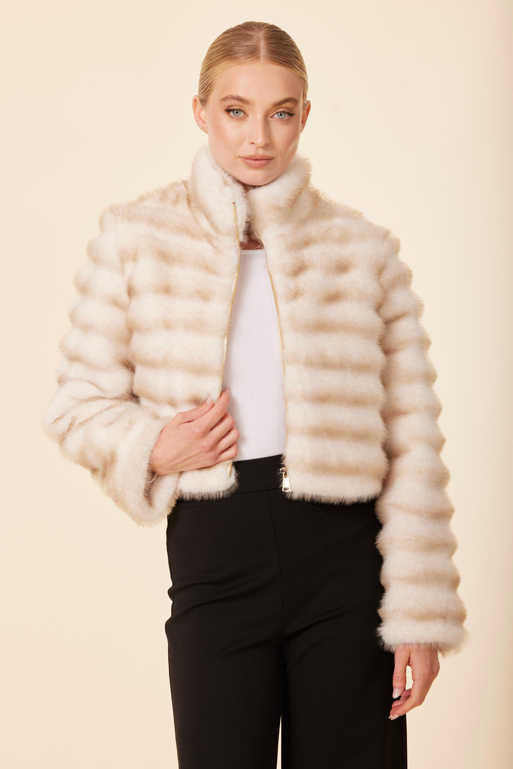 Faux Mink Fur Grooved Zip Jacket