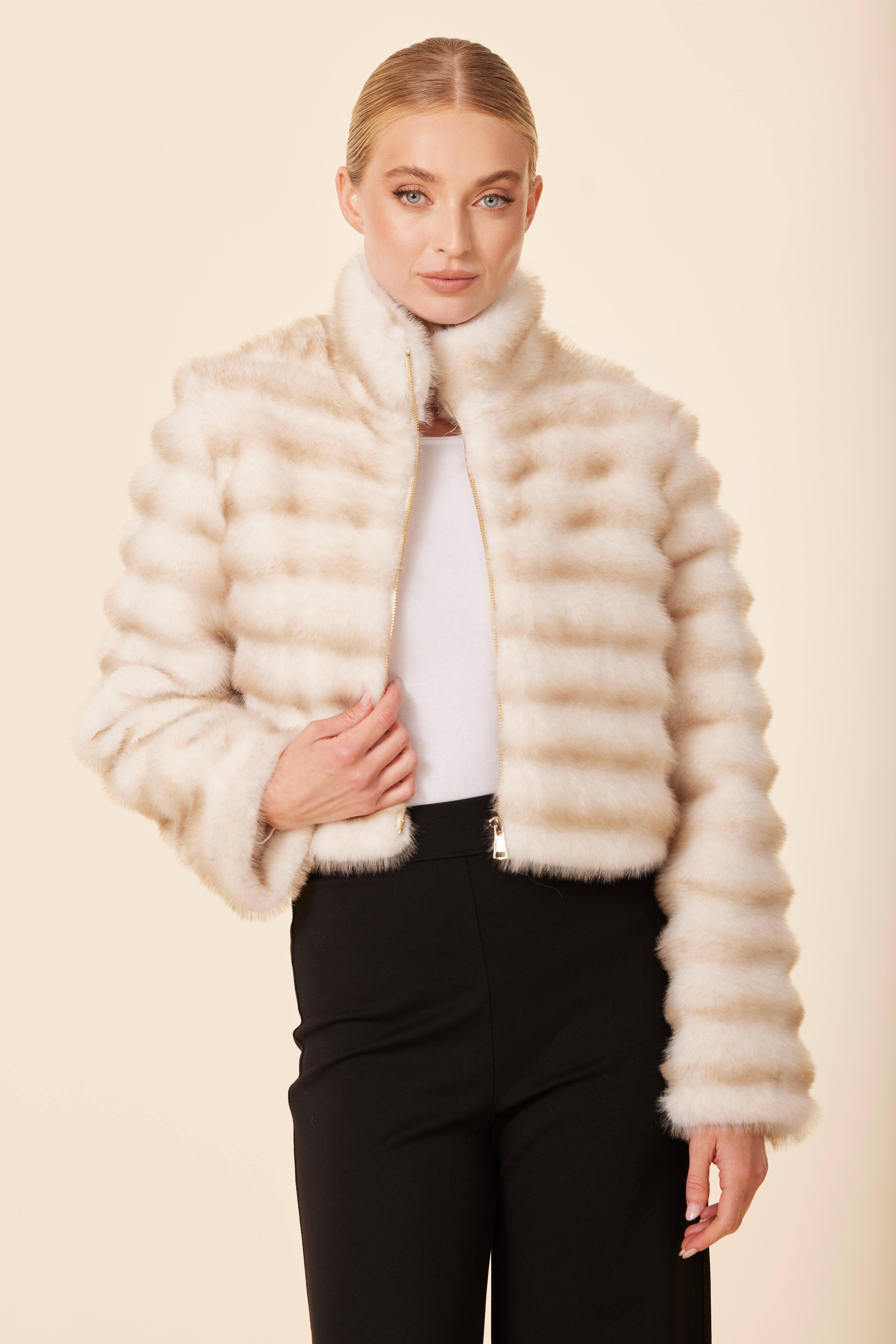 Faux Mink Fur Grooved Zip Jacket