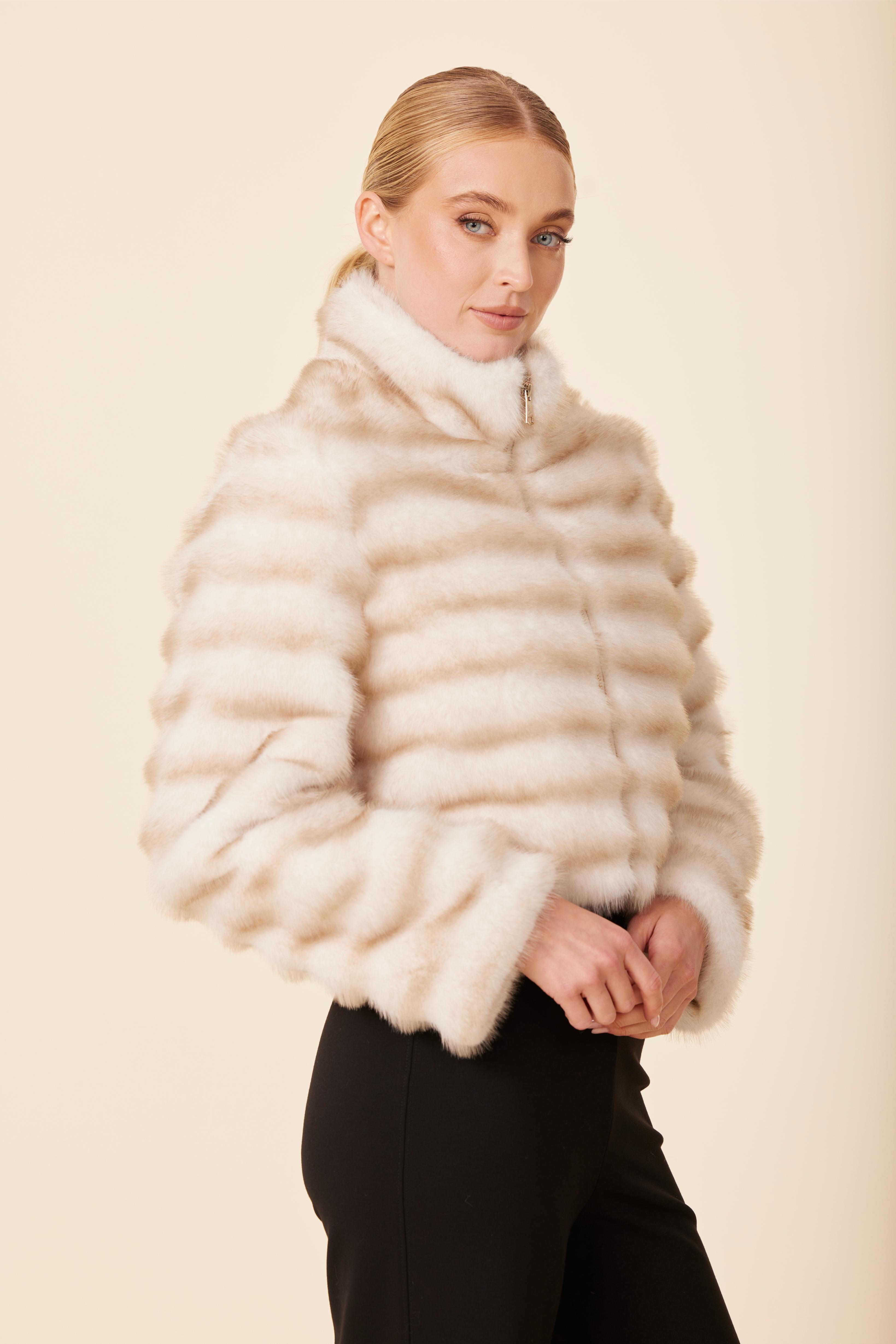 Faux Mink Fur Grooved Zip Jacket