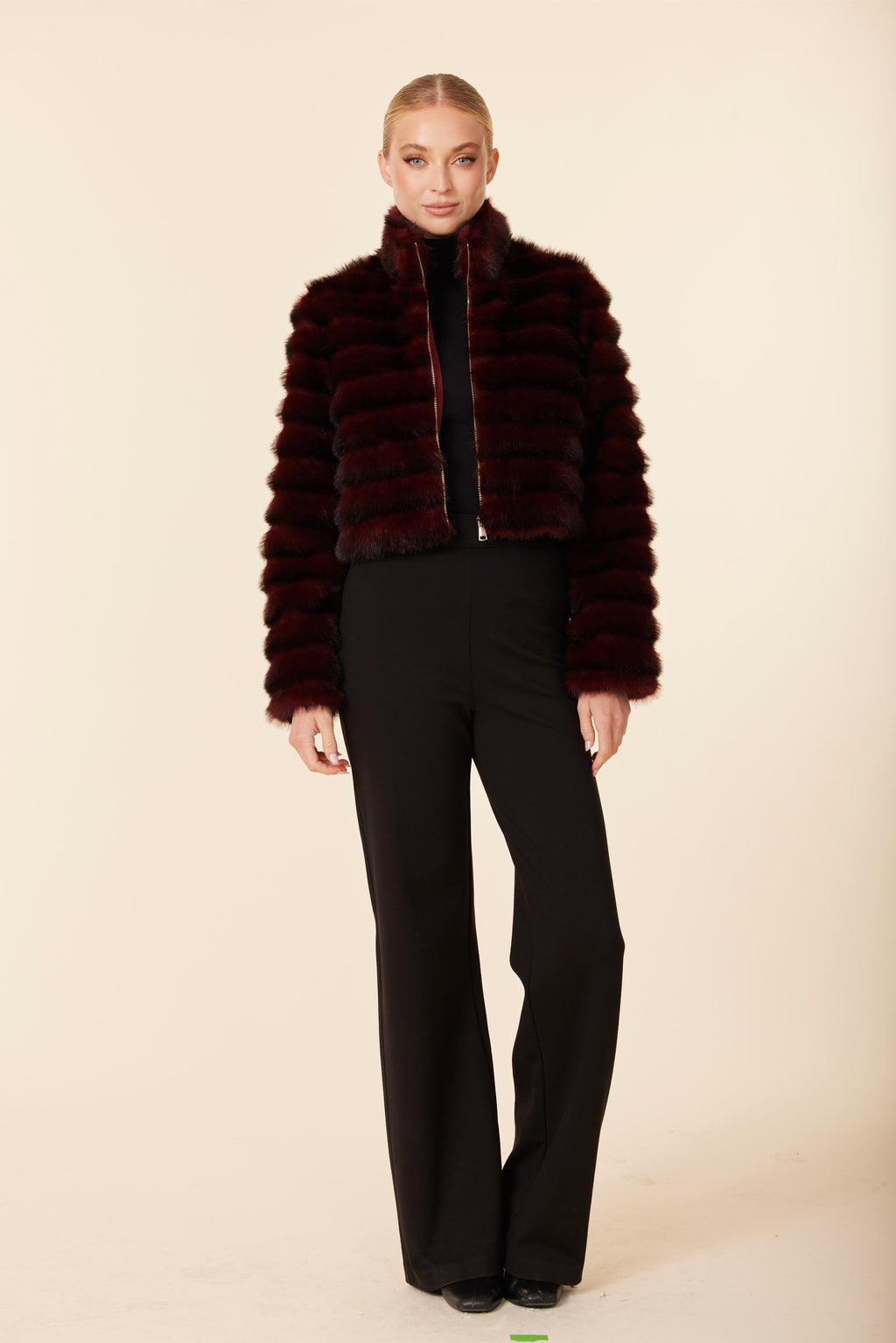 Faux Mink Fur Grooved Zip Jacket