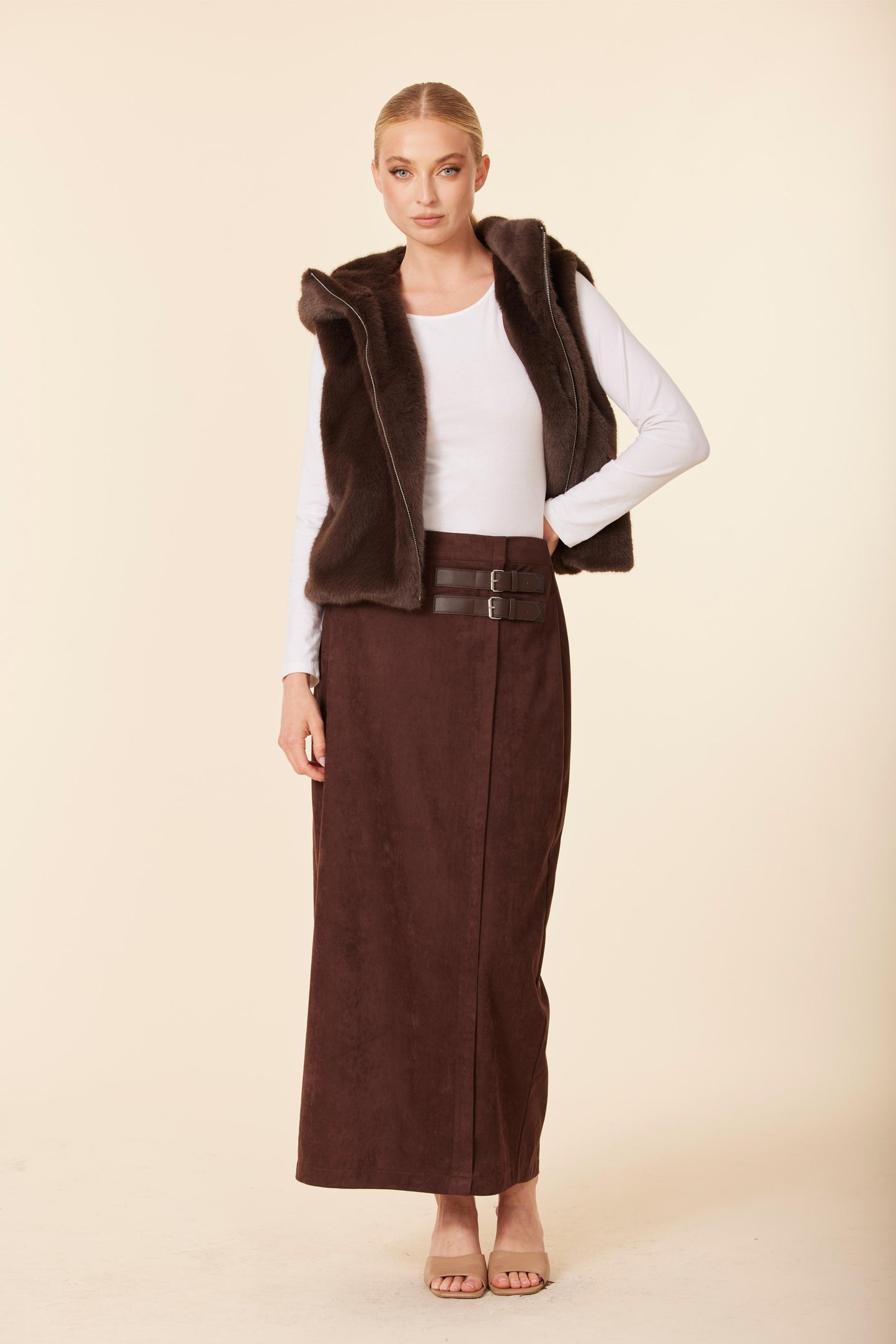 Faux Suede Side Buckle Long Skirt