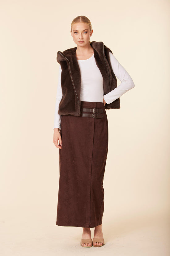 Faux Suede Side Buckle Long Skirt