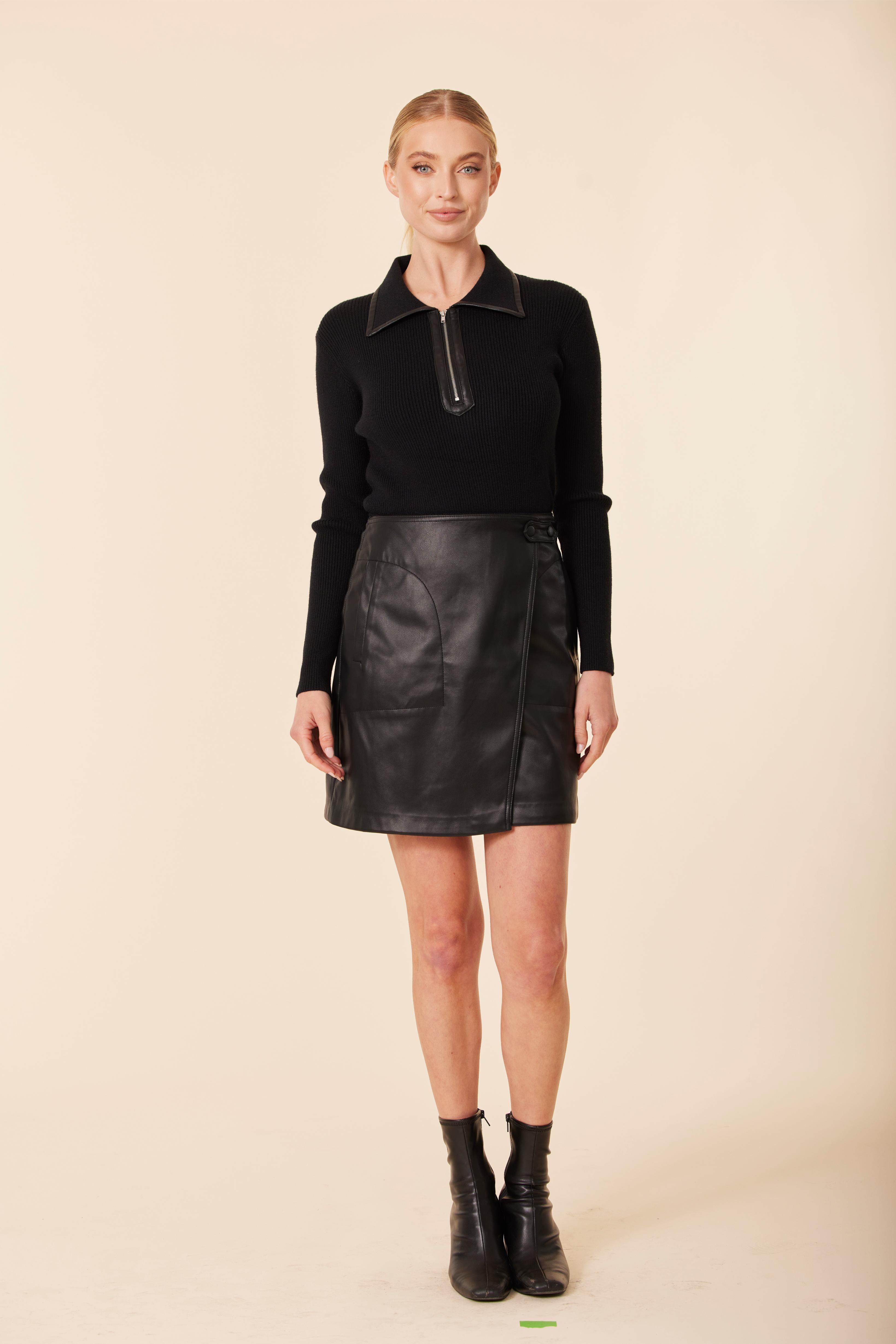Zip Knit Vegan Leather Skirt Dress Black / XL