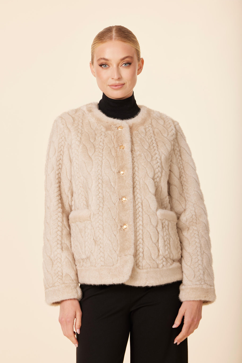 Faux Fur Cable Knit Design Jacket