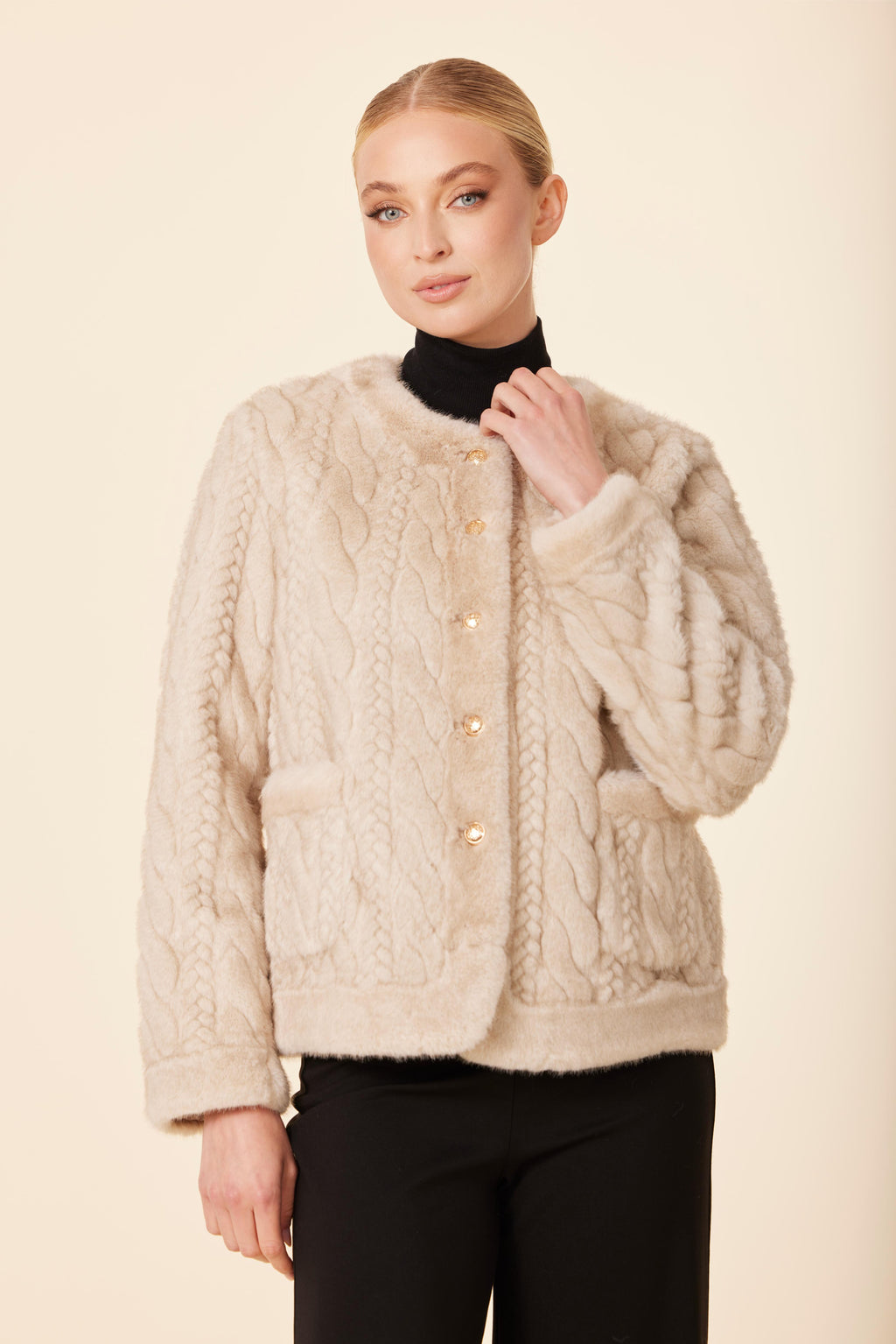 Faux Fur Cable Knit Design Jacket