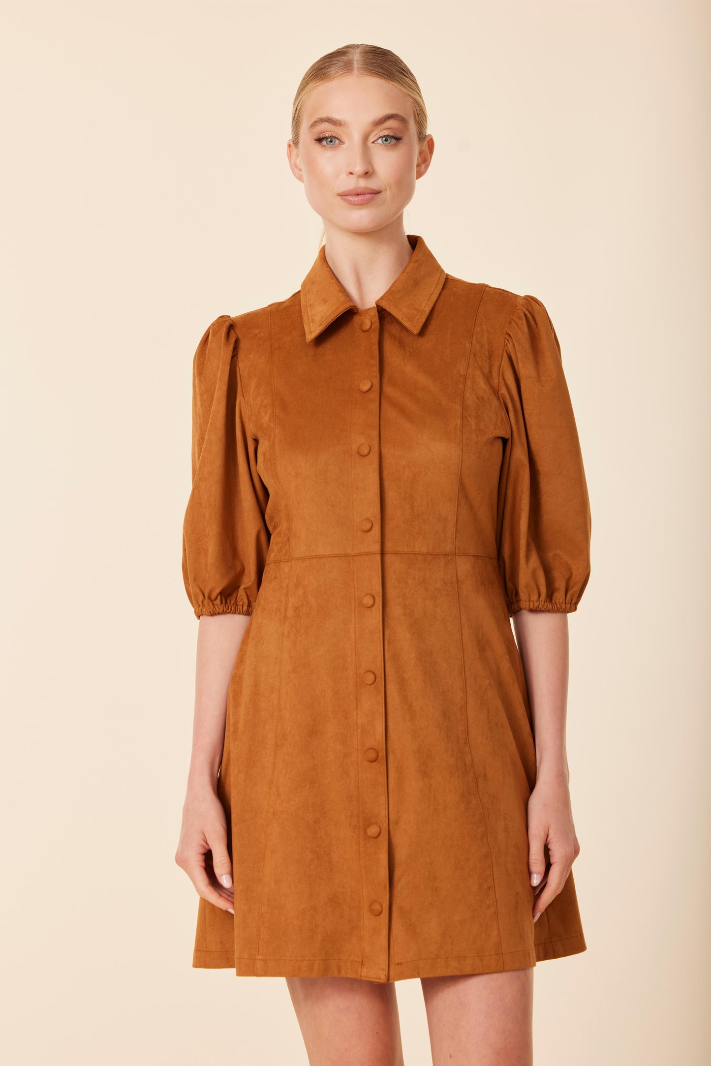 Faux Suede Puff Shoulder Dress