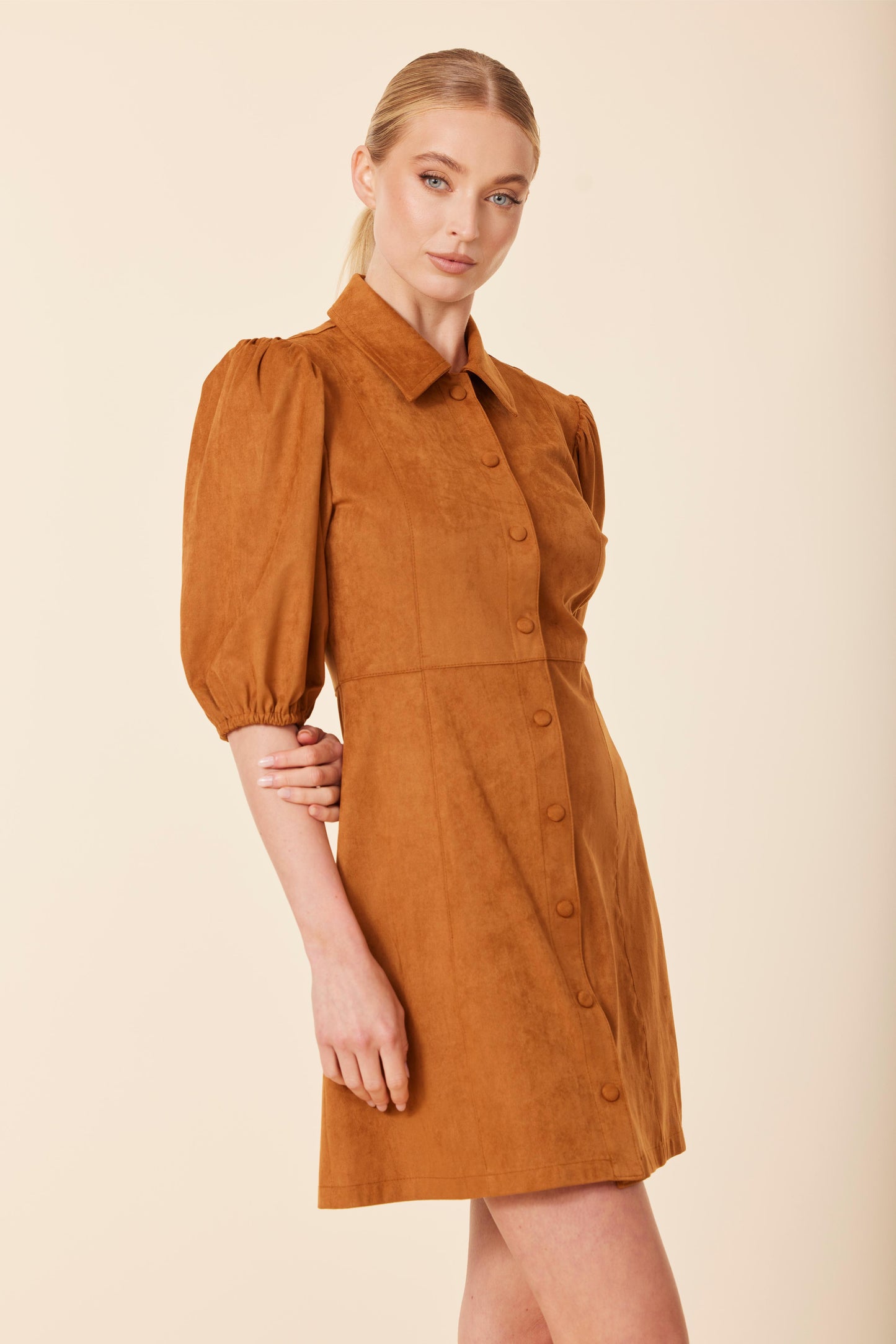 Faux Suede Puff Shoulder Dress