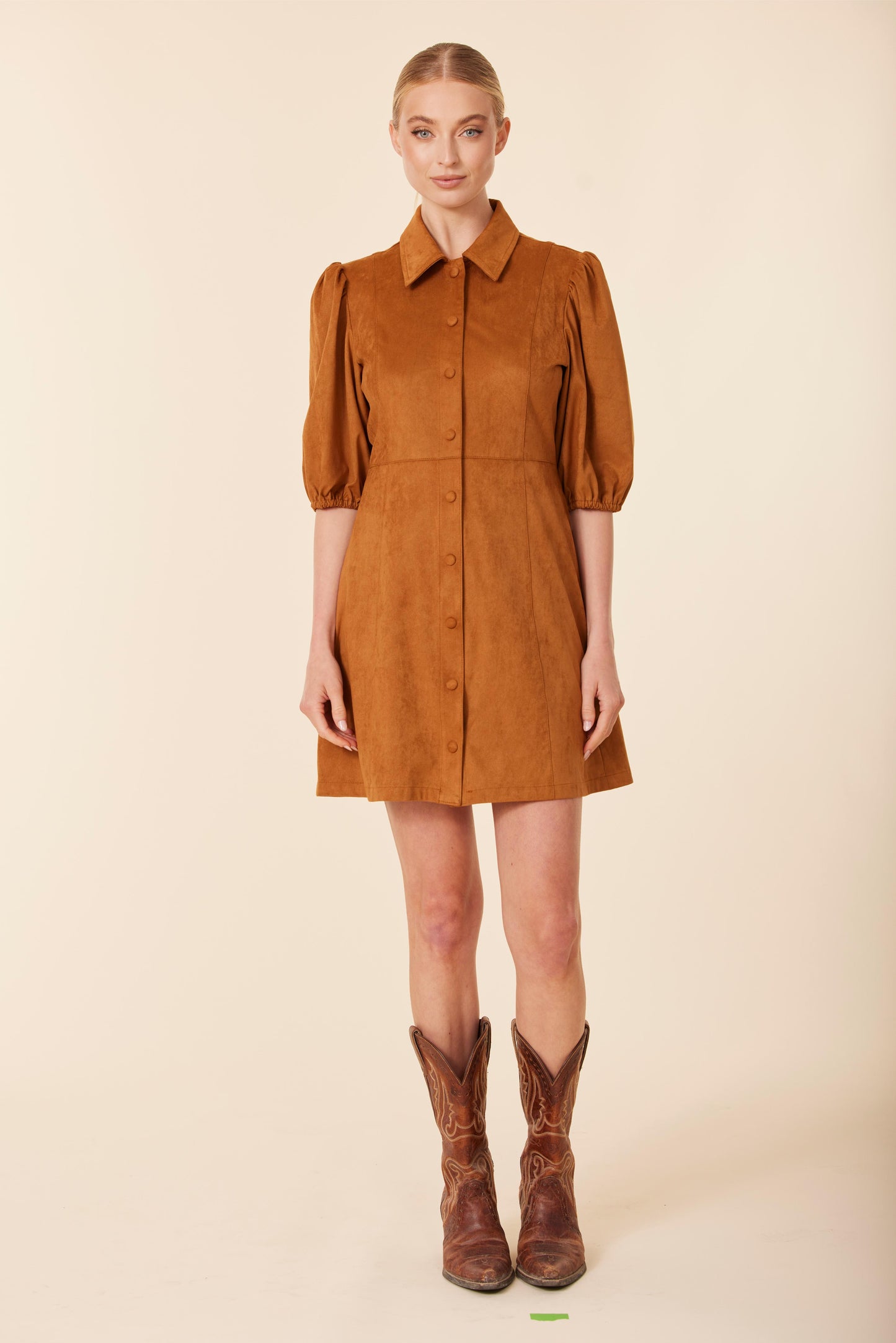 Faux Suede Puff Shoulder Dress