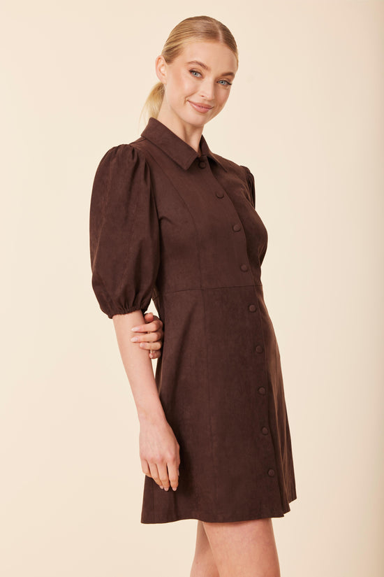 Faux Suede Puff Shoulder Dress