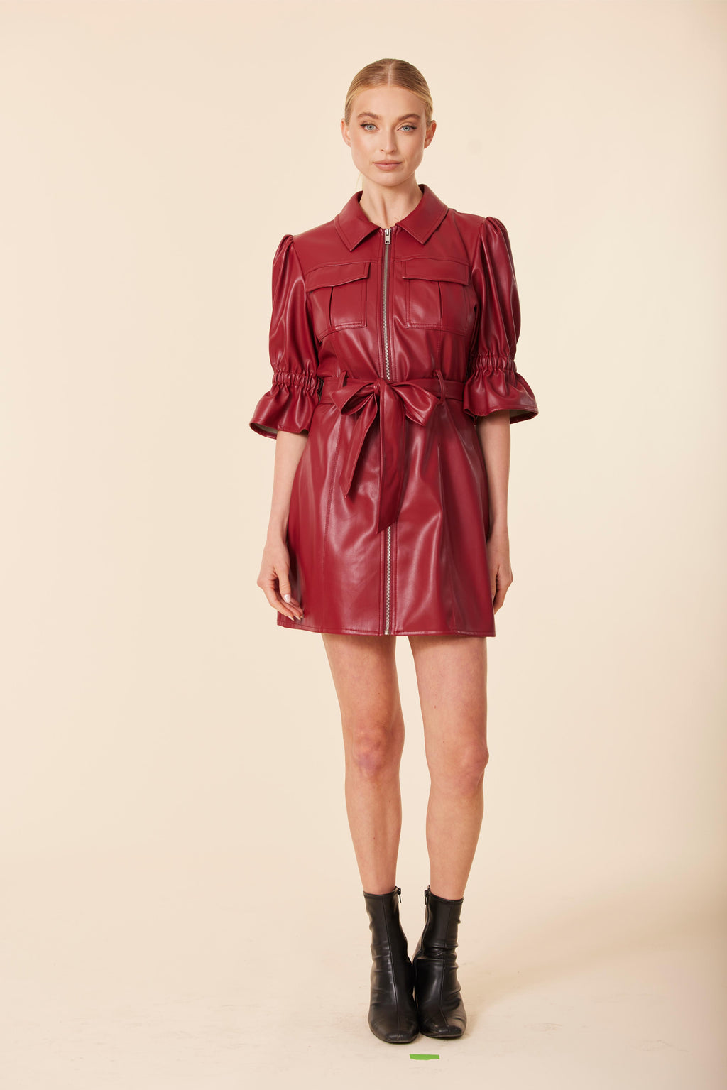 Faux Leather Belted Zip Dress