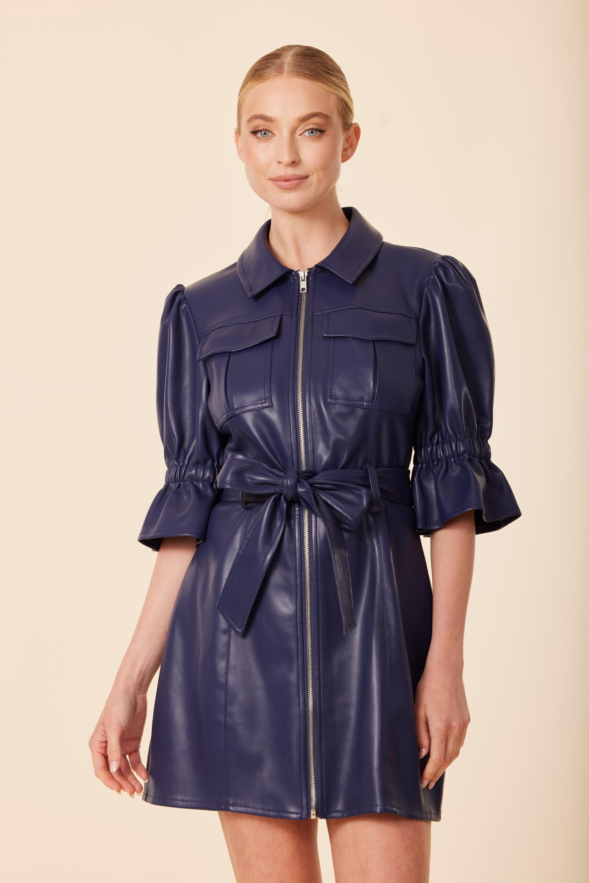 Faux Leather Belted Zip Dress Red / L