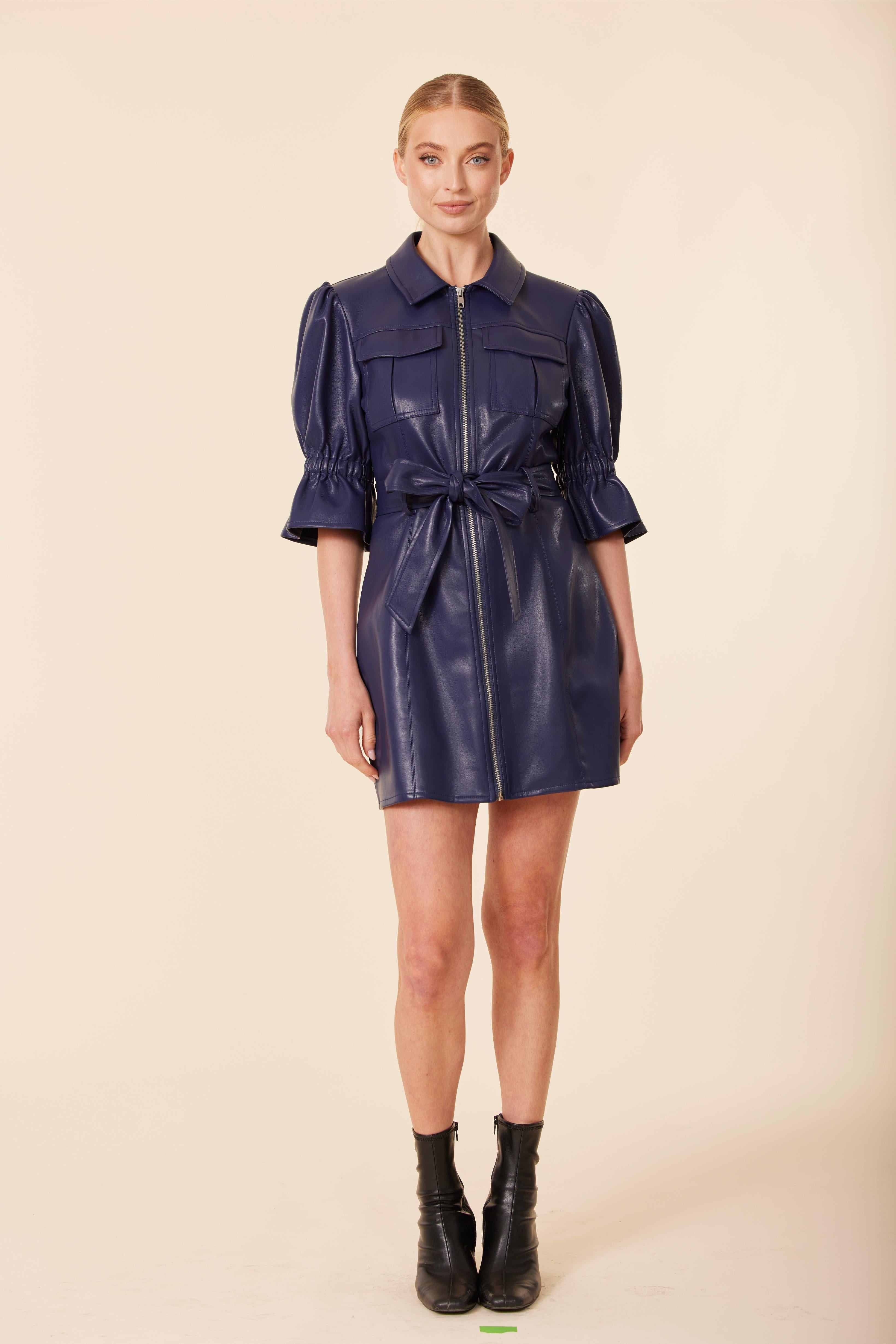 Faux Leather Belted Zip Dress Red / L