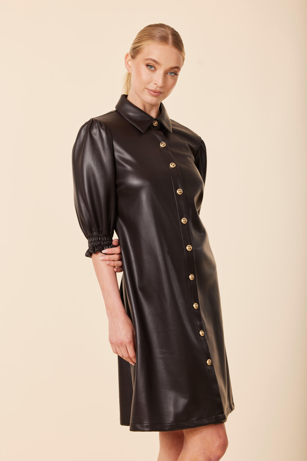 Faux Leather Elastic Cuff Dress