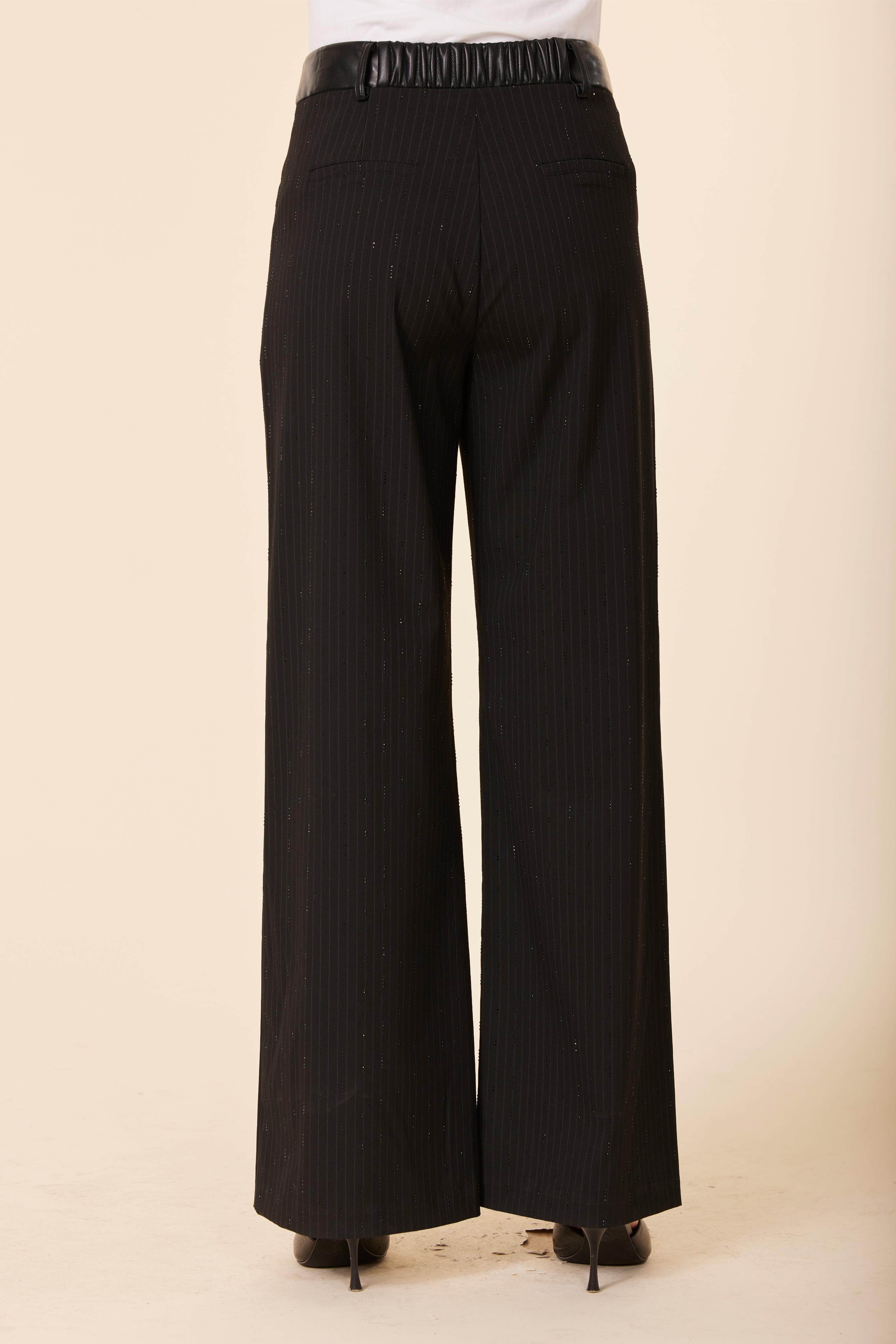 Faux Leather Waist Band Pinstripe Sparkle Pant