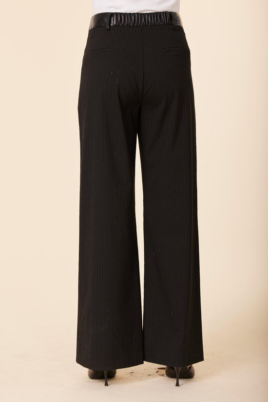 Faux Leather Waist Band Pinstripe Sparkle Pant