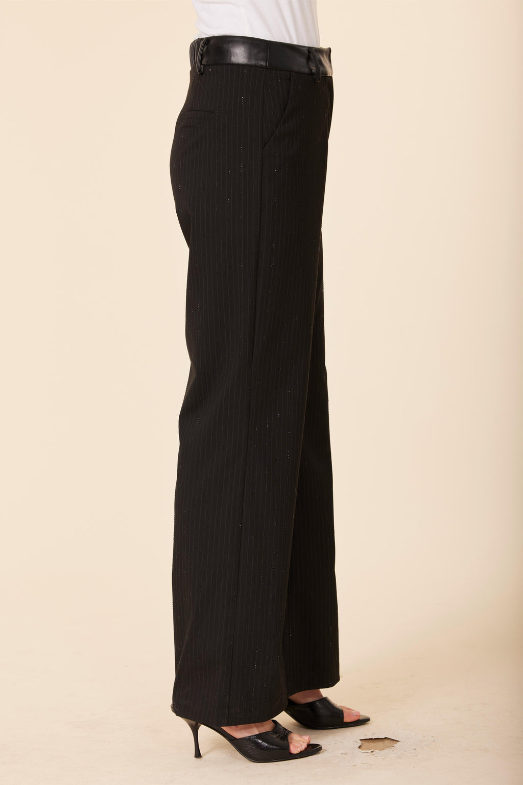 Faux Leather Waist Band Pinstripe Sparkle Pant
