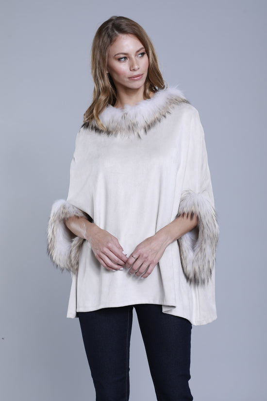 Hooded Poncho with Fur Trim