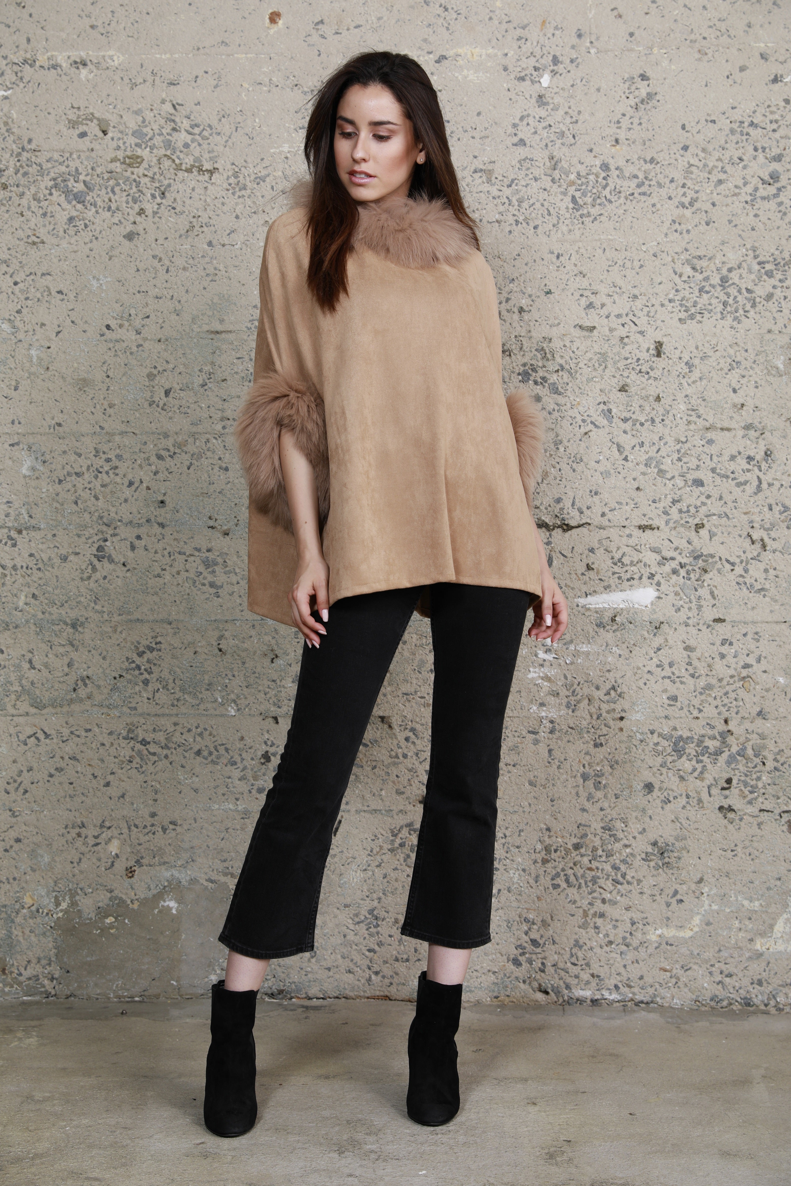 Faux Suede Fur Trimmed Poncho – Dolce Cabo