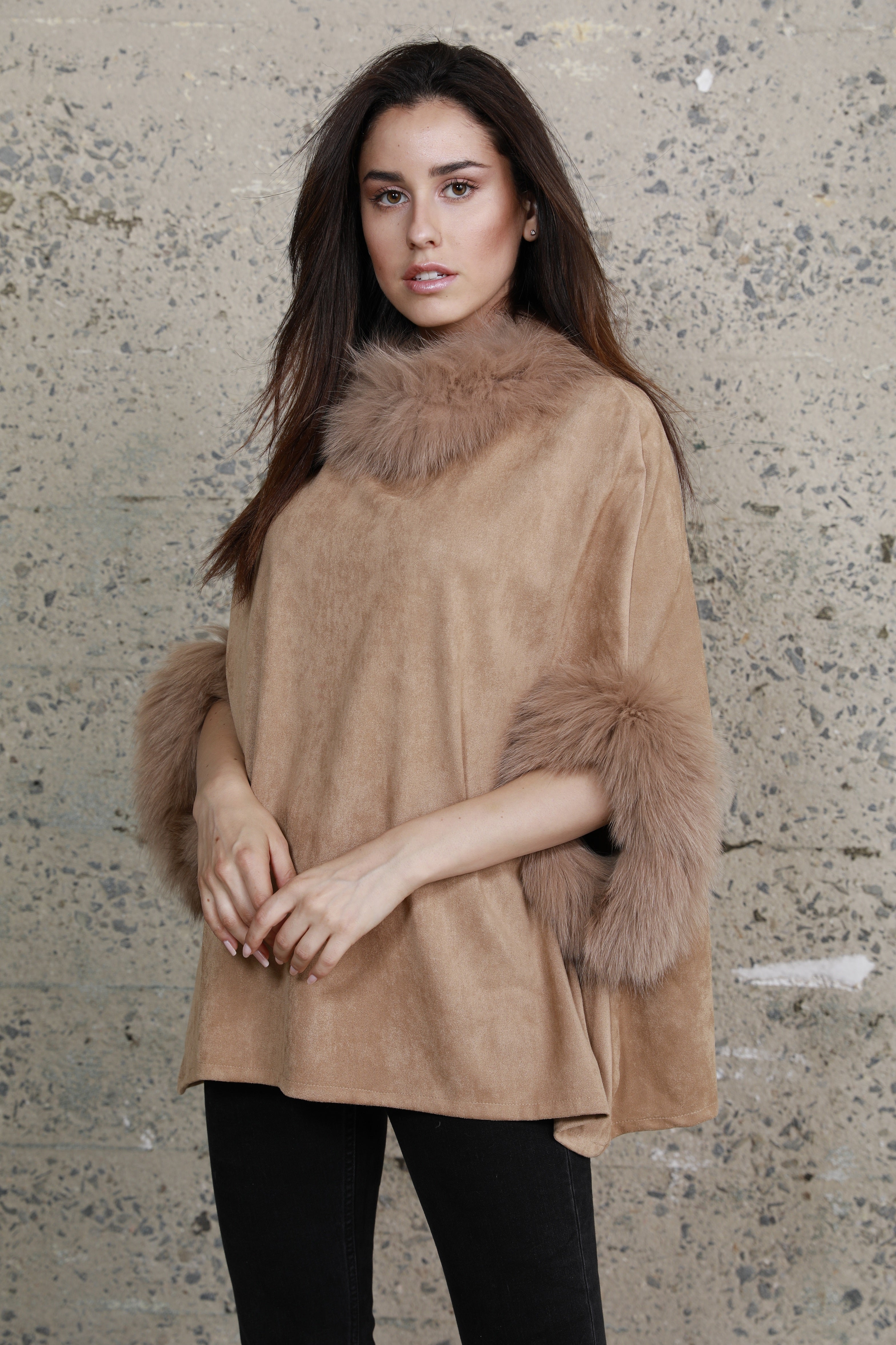 Faux Suede Fur Trimmed Poncho – Dolce Cabo