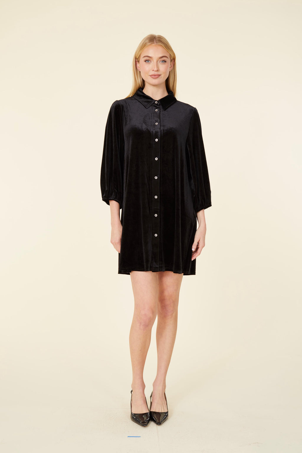 Rhinestone Velvet Puff Sleeve Dress