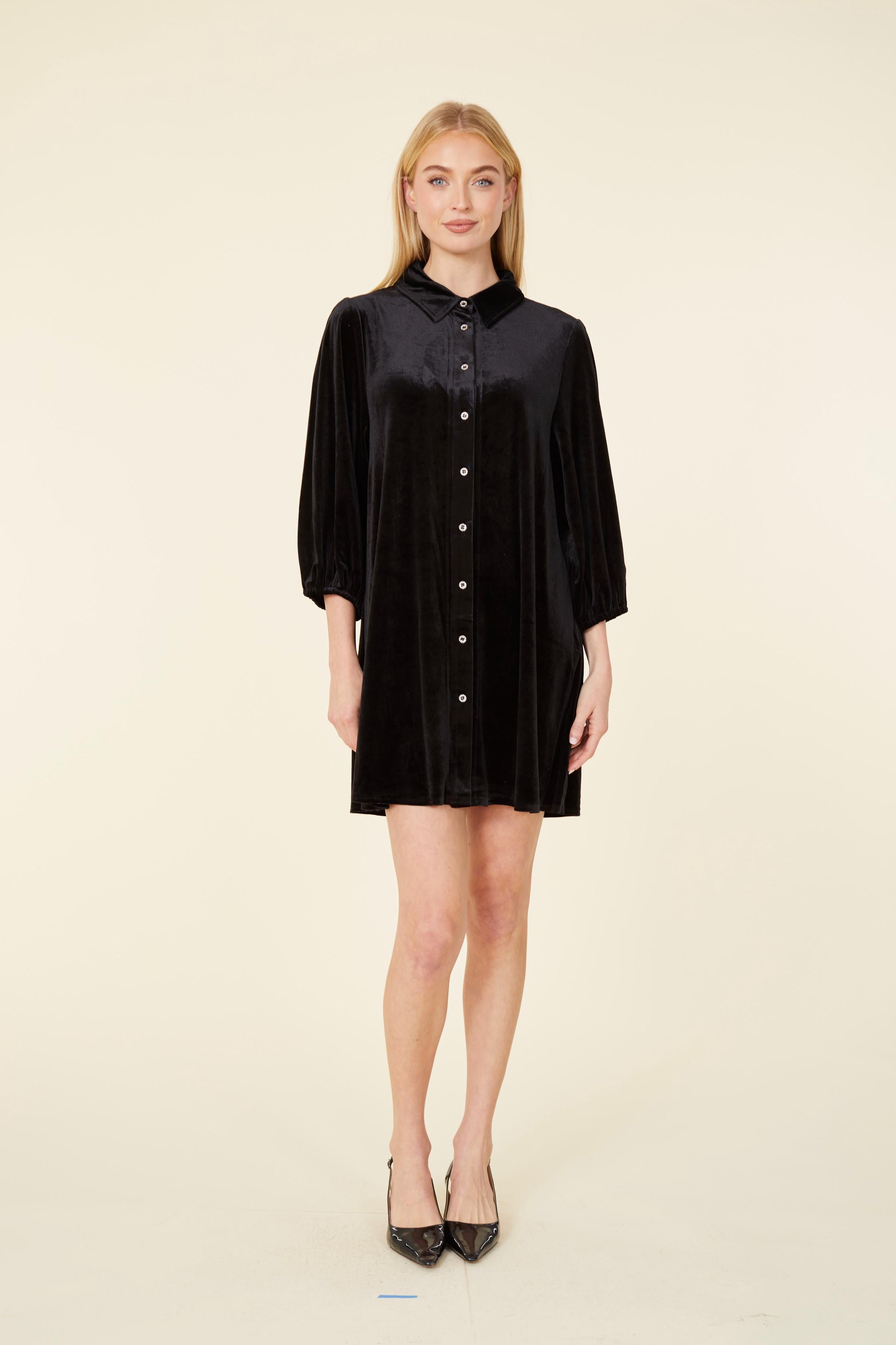 Rhinestone Velvet Puff Sleeve Dress