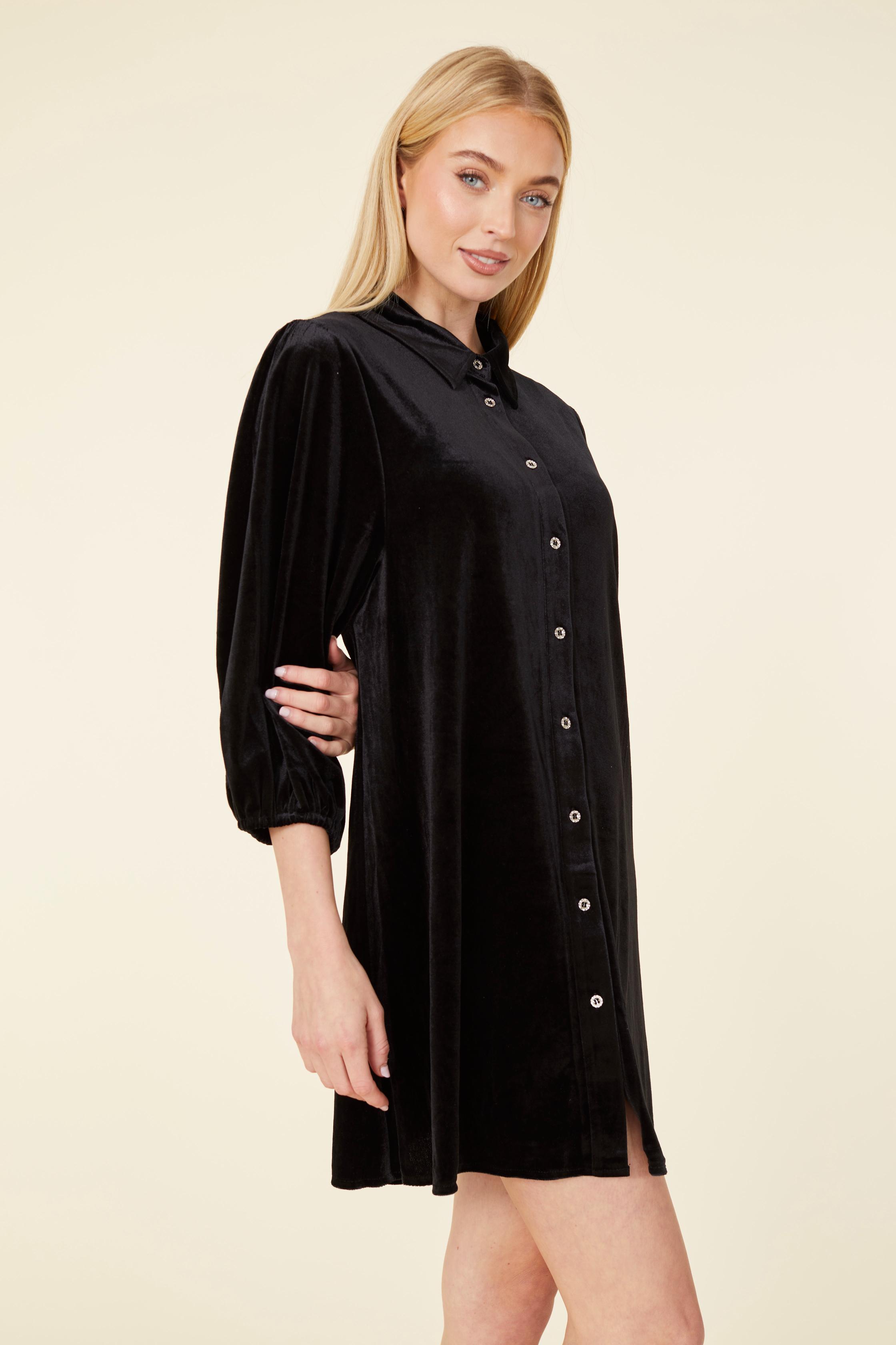 Rhinestone Velvet Puff Sleeve Dress Black / S