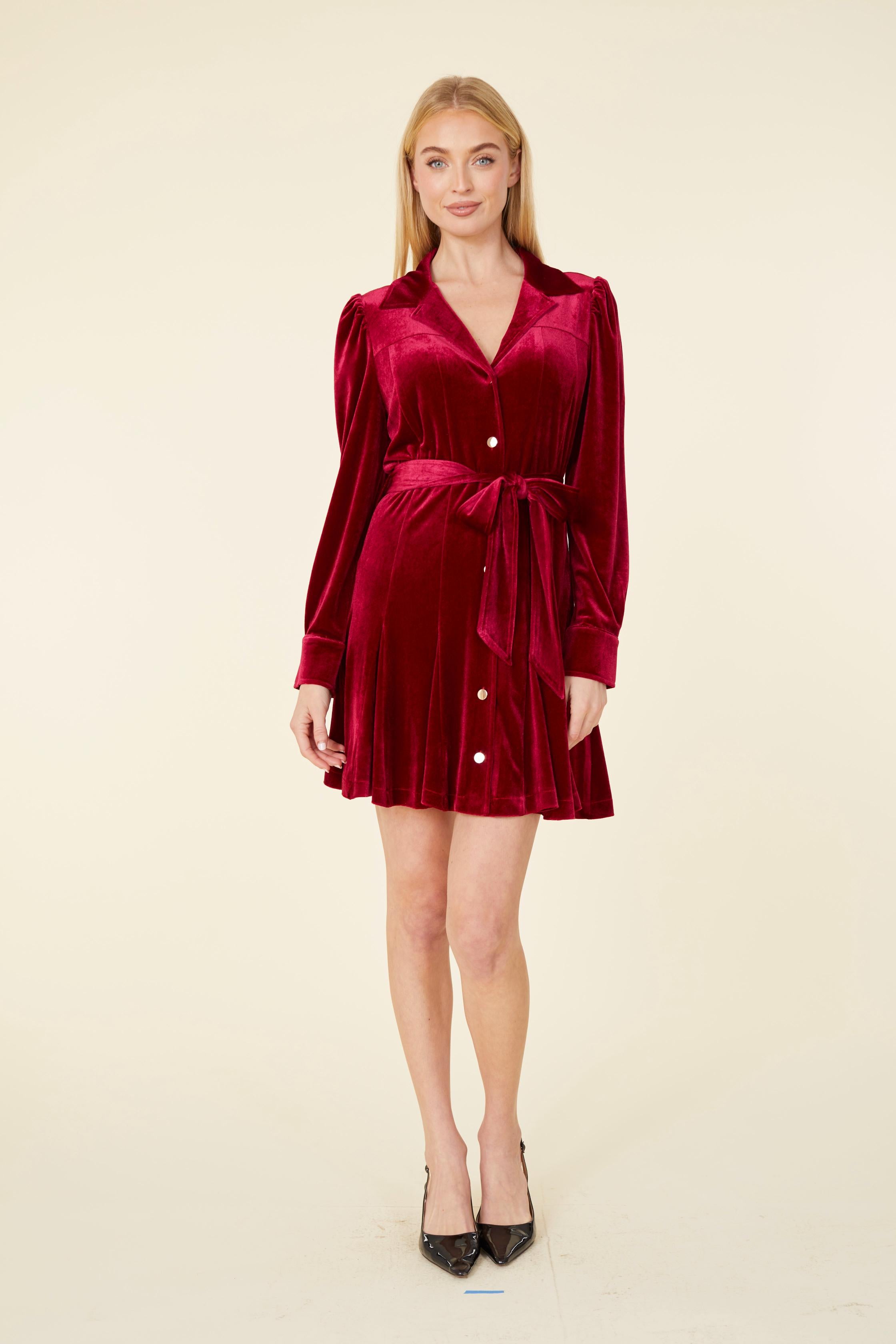 velvet dress women red Long Sleeve Slim Mini Short Bodycon Ruched Party Sexy Begin measuring at the tip of your shoulder and bring the tape over the fullest part of your bust to the desired dress length or the floor for a full Blushing Velvet Mini Dress Red