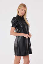 Faux Leather Mini Dress with Puff Sleeves