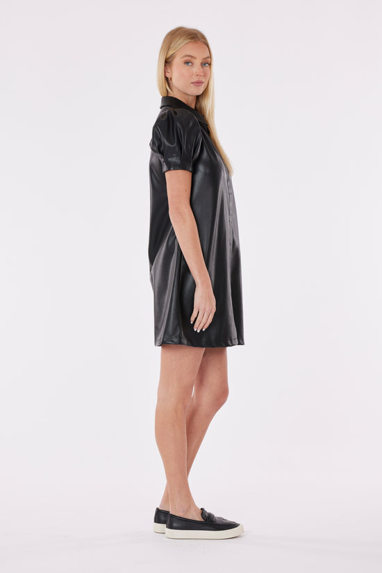 Faux Leather Mini Dress with Puff Sleeves