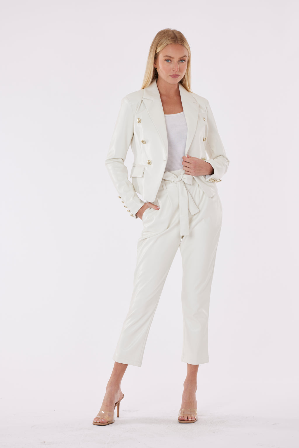 Cropped Faux Leather Double Breasted Blazer