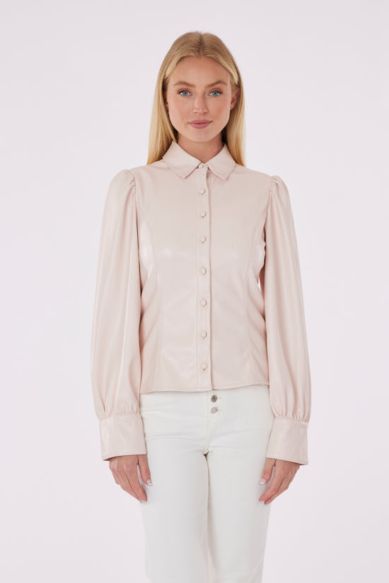Faux Leather Button-Up Shirt with Puff Sleeves