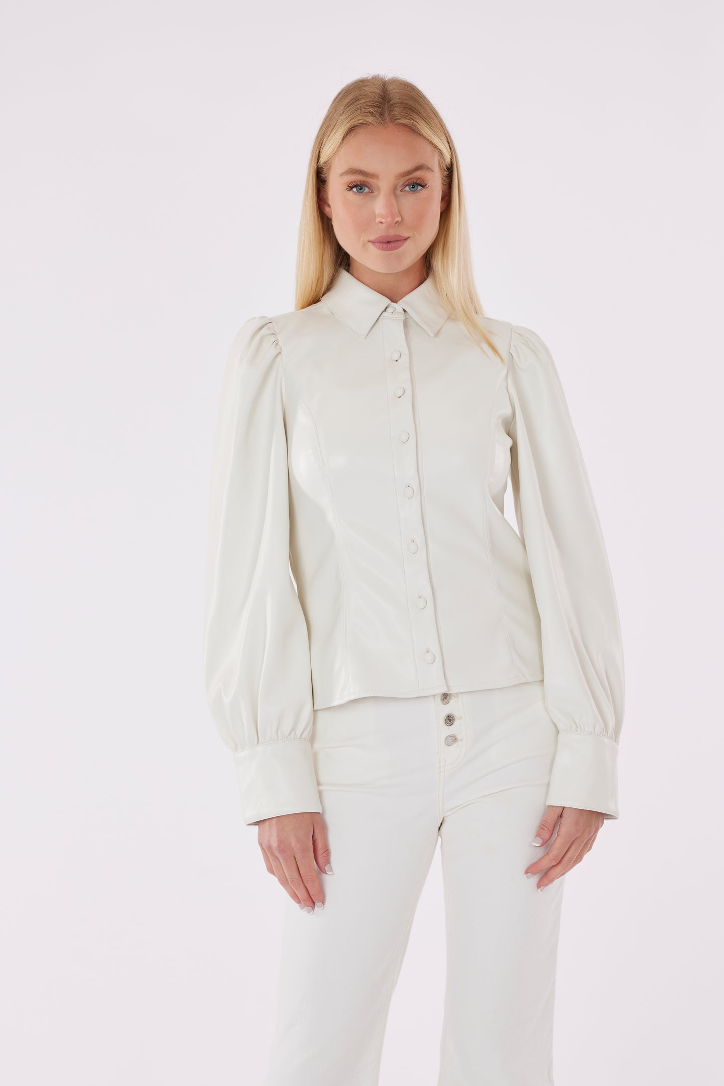 Faux Leather Button-Up Shirt with Puff Sleeves