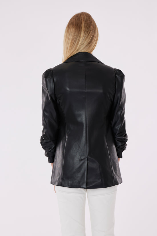 Faux Leather Blazer with Gathered Sleeves